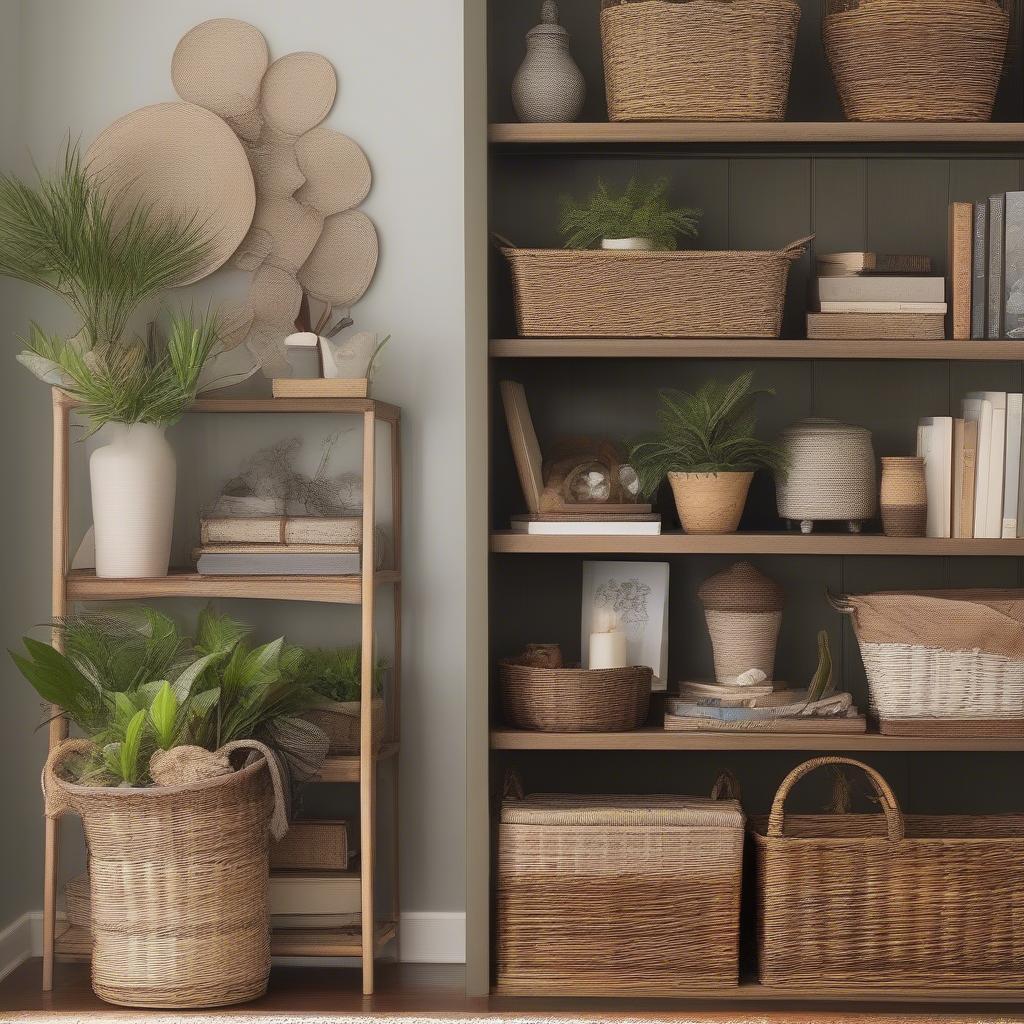 Shelves styled with various wicker storage baskets, incorporating plants, books, and decorative objects.