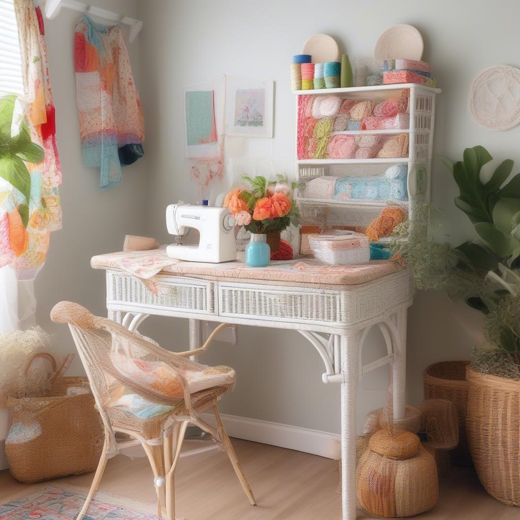 Styled Vintage Rattan Wicker Sewing Table