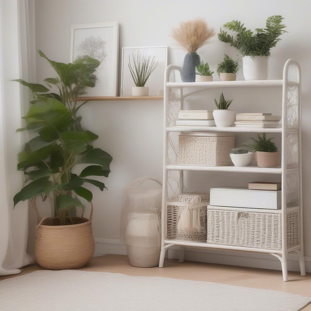 White wicker shelving unit styled in a bedroom with pretty storage boxes and decorative accents.