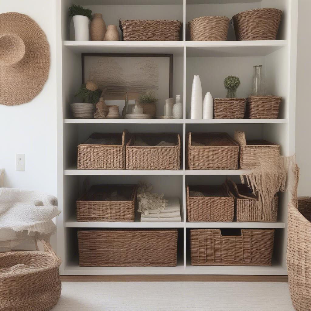 Styled Wicker Baskets on Shelves