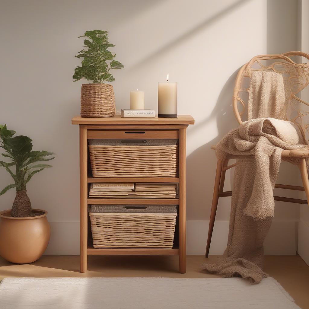 Styled wicker chest with decorative items and plants in a bathroom