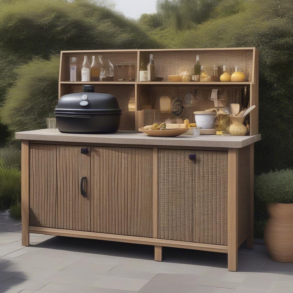 Styled Wicker Outdoor Kitchen Cabinet in an Outdoor Setting