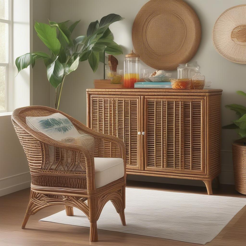 Examples of styled wicker and rattan bar cabinets in different room settings, showcasing how to incorporate them into various interior design styles.