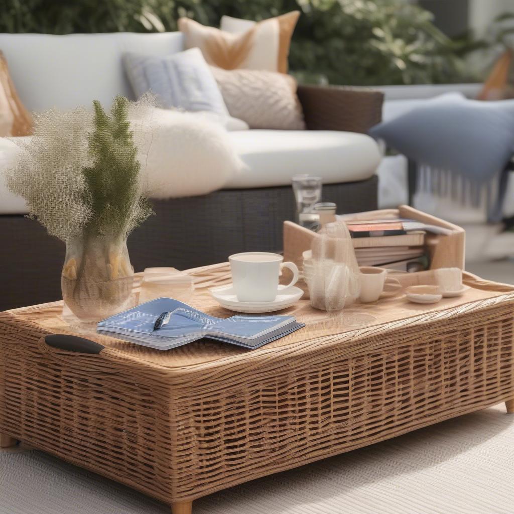 Outdoor wicker coffee table styled with accessories