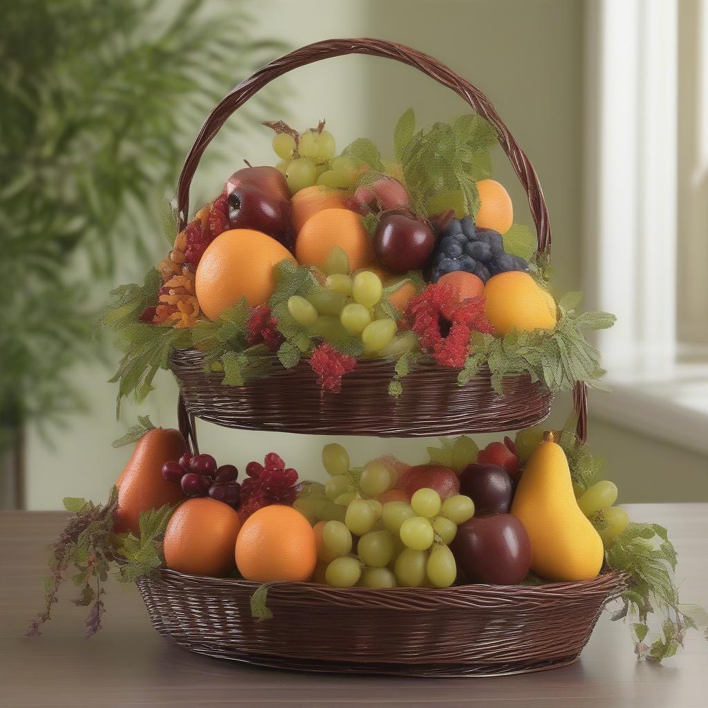 Styling a Two Tiered Wicker and Metal Fruit Holder with Fresh Produce