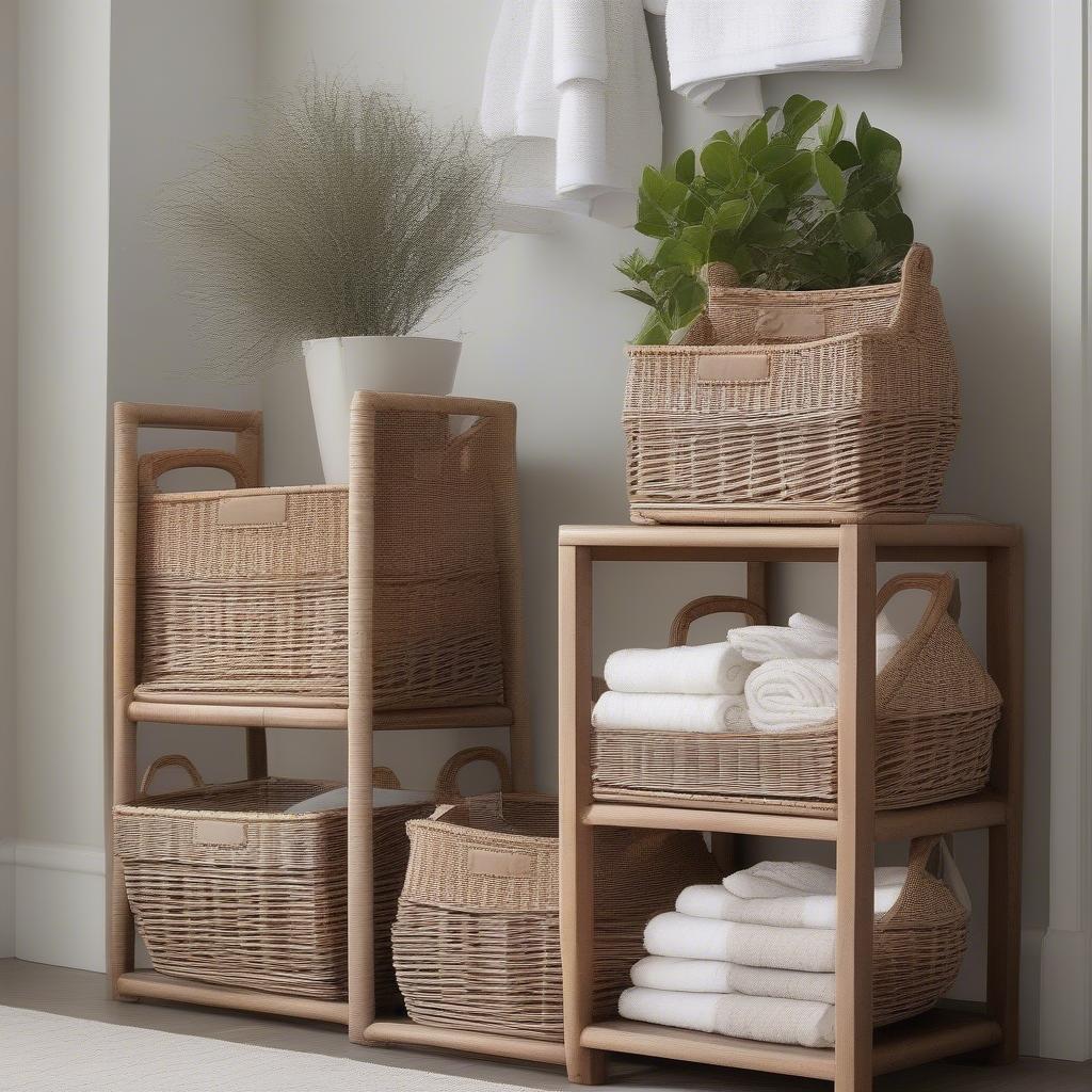 Wicker baskets used in different rooms for storage and decoration.