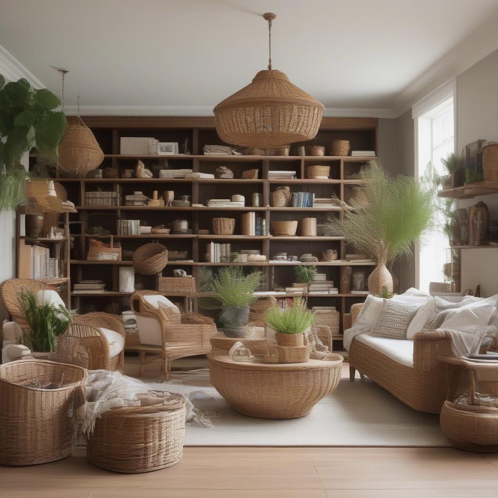 Stylishly arranged wicker baskets on shelves in a living room