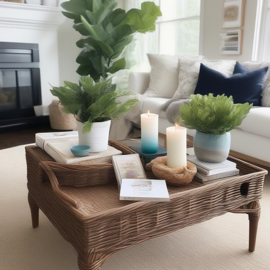 Examples of how to style a wicker coffee table with storage, including decorative trays, books, plants, and candles.