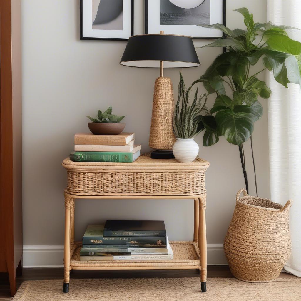 Styling a wicker end table with decorative accessories