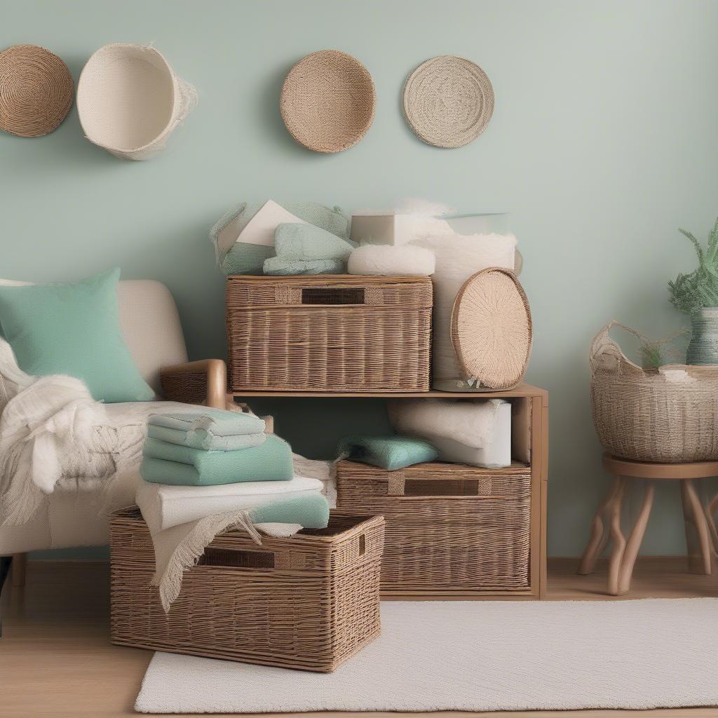 Styling Wicker and Mint Storage Baskets in the Living Room