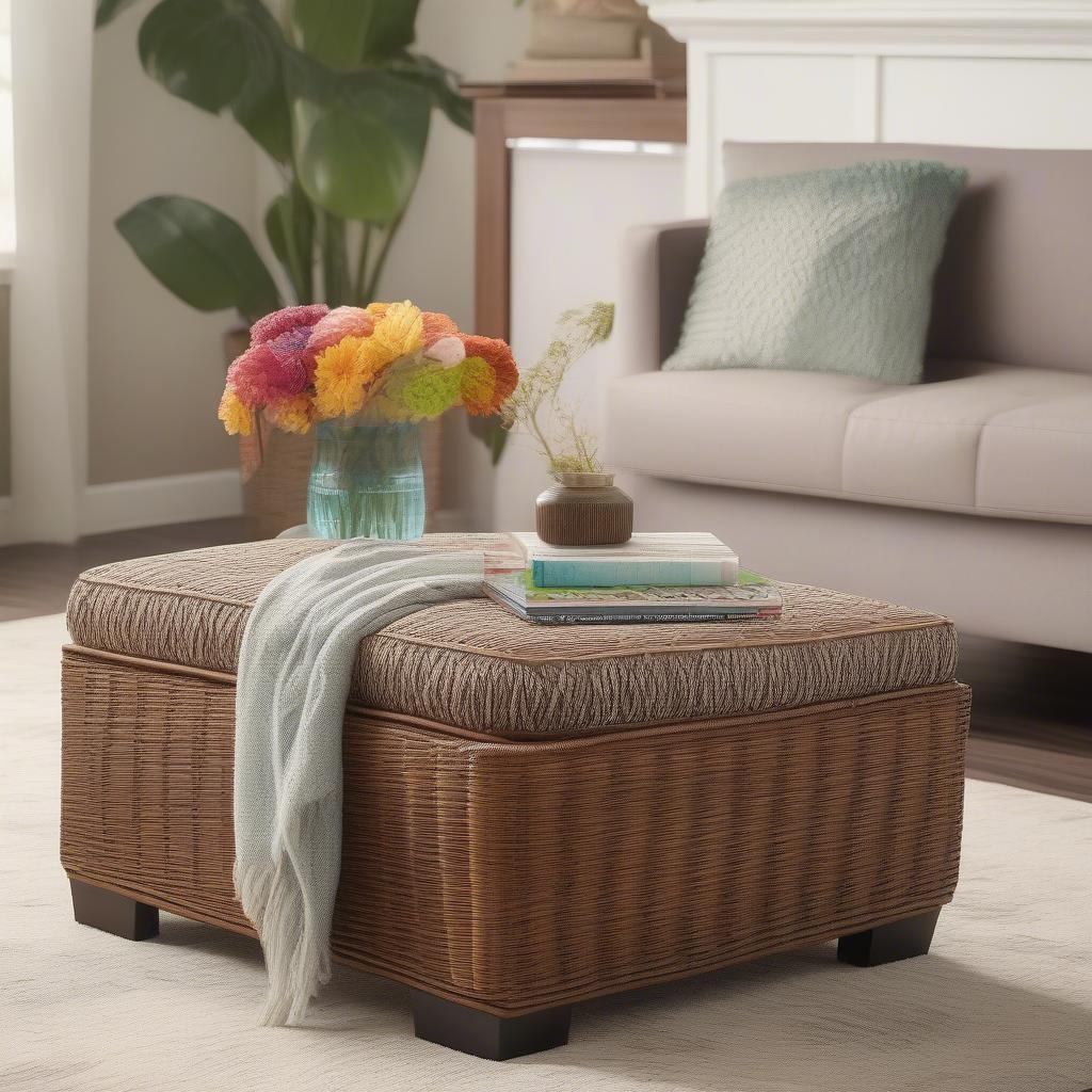 Styling Wicker Ottoman Storage with Tray and Pillows