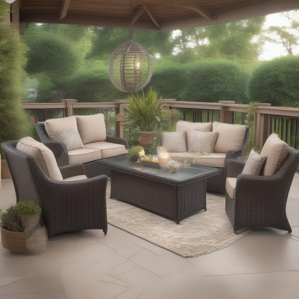 A stylish patio setup featuring a resin wicker table with storage, comfortable seating, and decorative accessories.