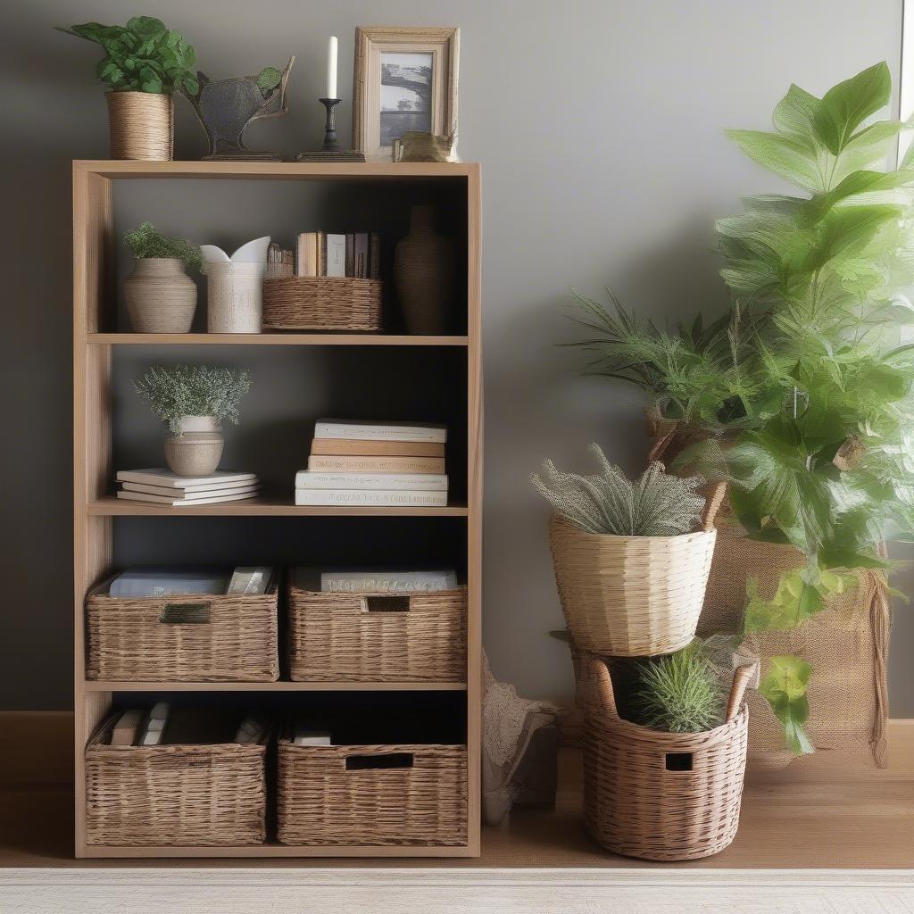 Stylish arrangement of wicker baskets in a home setting, showcasing their decorative potential and ability to enhance interior design.