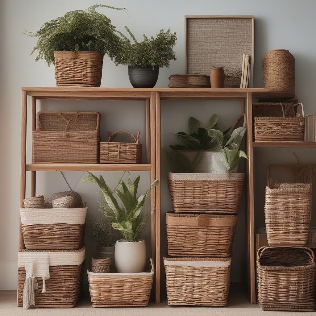 Stylish arrangements of wicker baskets in different home settings.