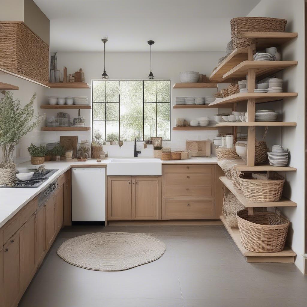 Wicker baskets used as decorative elements in a stylish kitchen setting.