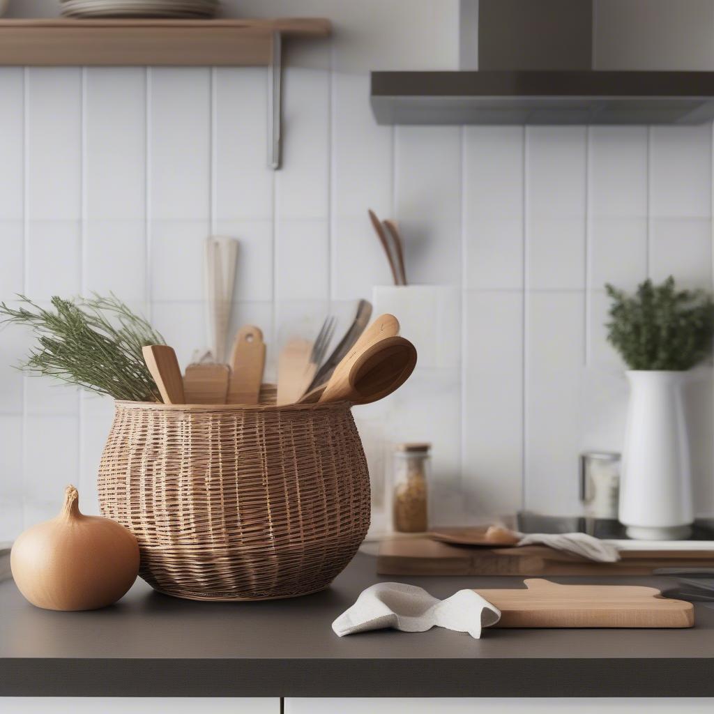 Stylish wicker onion storage basket on a kitchen countertop.