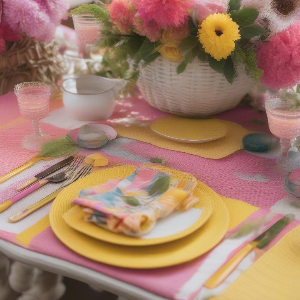 Summer Table Setting with Pink and Yellow Wicker Placemats