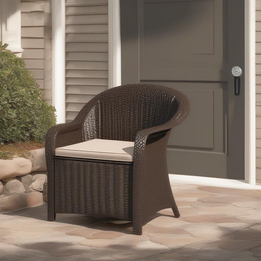 Suncast 22 Gal Java Resin Wicker Storage Seat on a patio