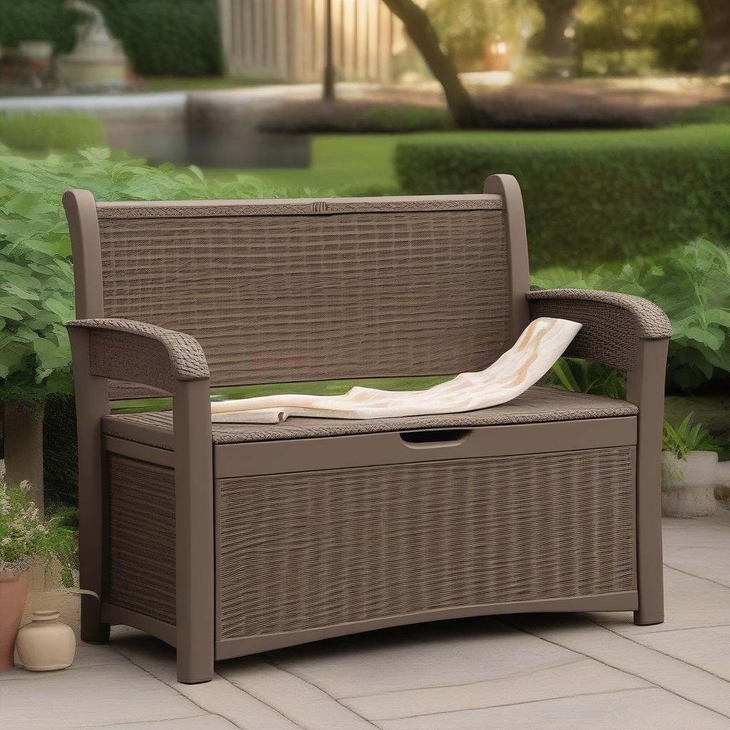 Fully Assembled Suncast 22 Gallon Mocha Wicker Resin Storage Bench Seat