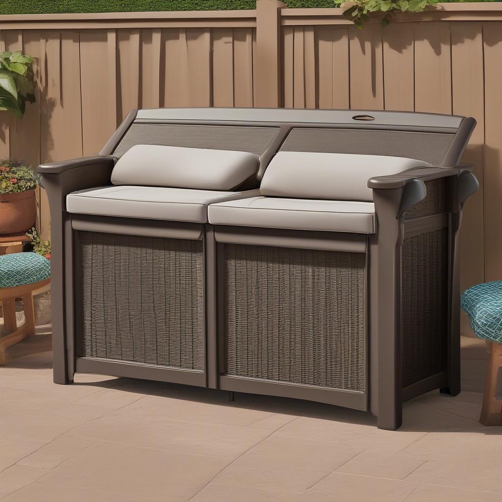 Suncast 97 Gallon Resin Wicker Storage in Patio Setting