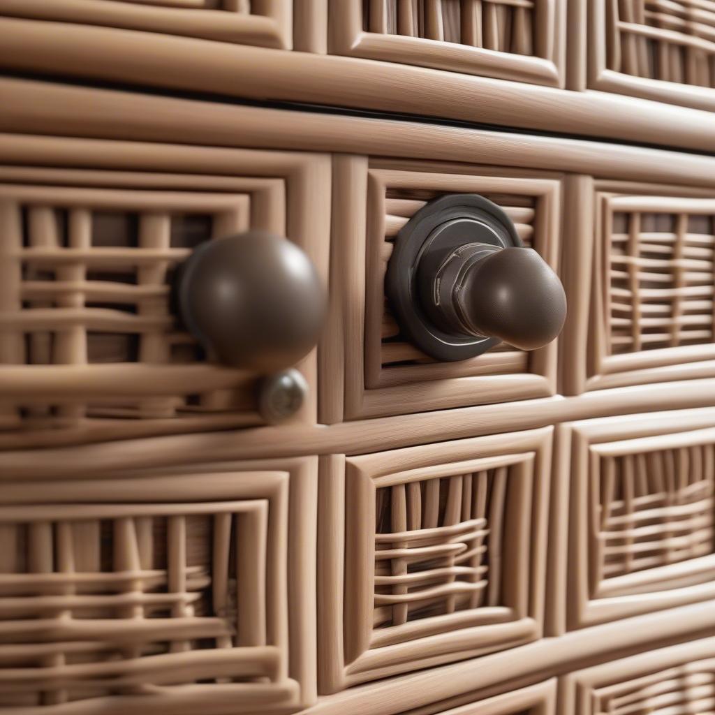 Close-up view of the Suncast 97 Gallon Wicker Cabinet Features