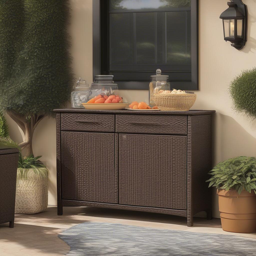 Suncast Brown Resin Wicker Buffet on Outdoor Patio