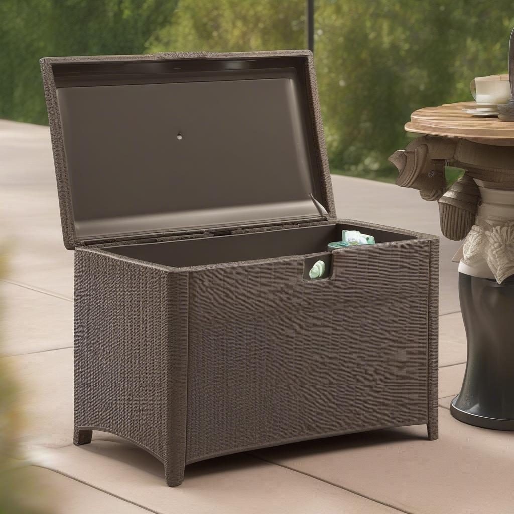 Suncast Resin Wicker 22 Gallon Storage Seat on a Patio