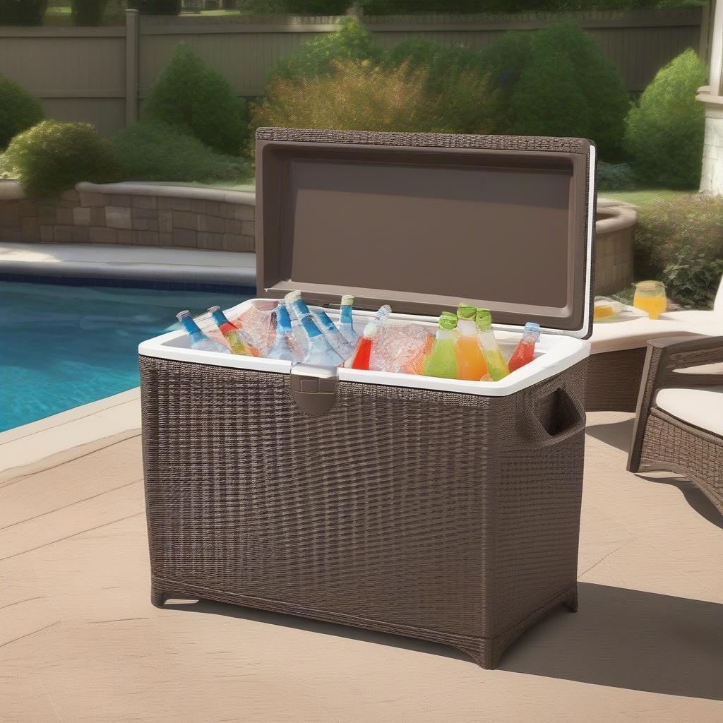 Suncast resin wicker cooler cabinet on an outdoor patio.