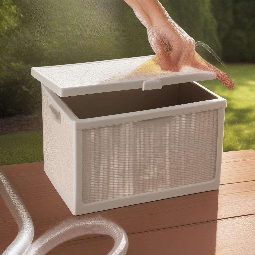 Close-up of a Suncast resin wicker storage box undergoing a durability test, showcasing its resistance to weather and UV rays.