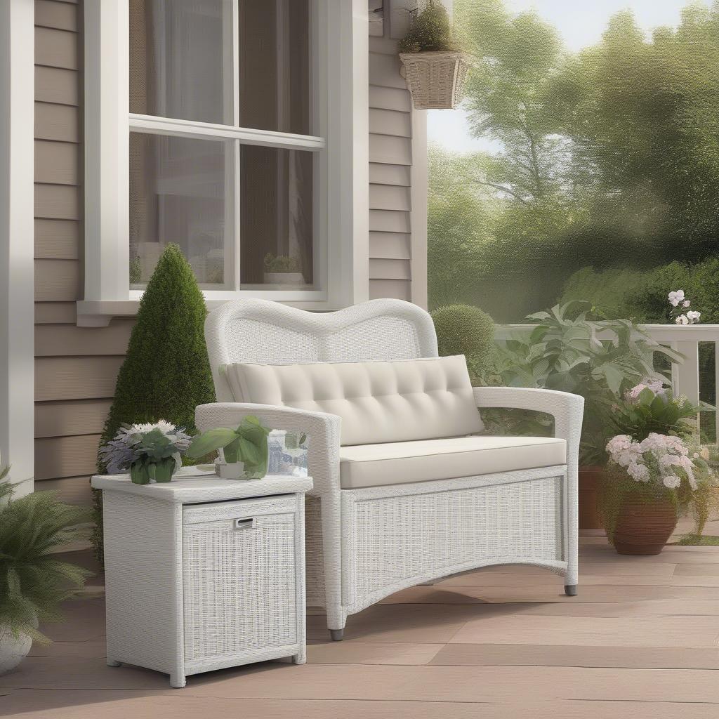 Suncast SSW1200W White Wicker Storage Seat on a Patio