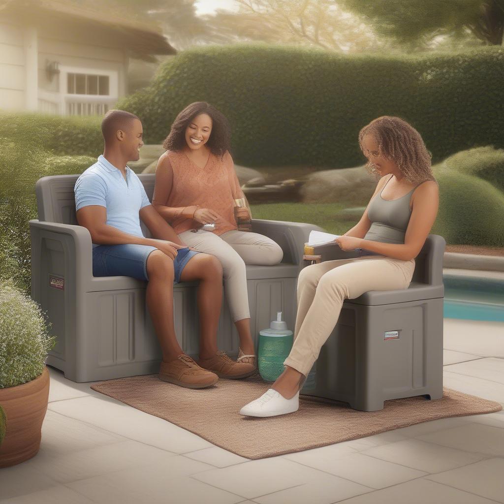 People relaxing and using the Suncast Storage Seat in an outdoor setting