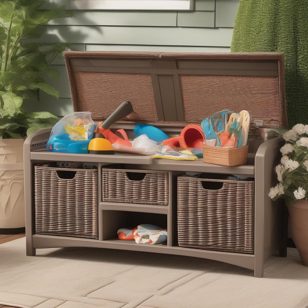 Organizing items inside a Suncast wicker storage bench