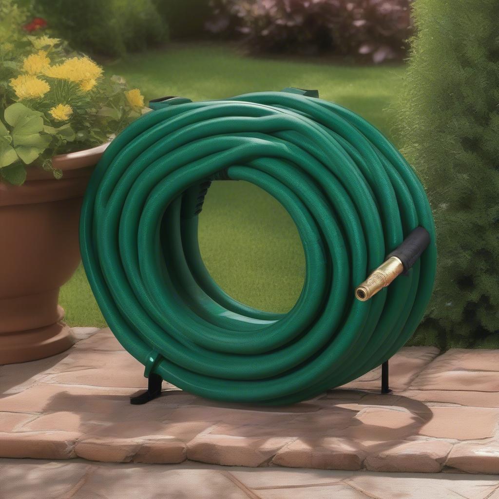 Suncast wicker hose holder neatly storing a garden hose in a lush garden setting.