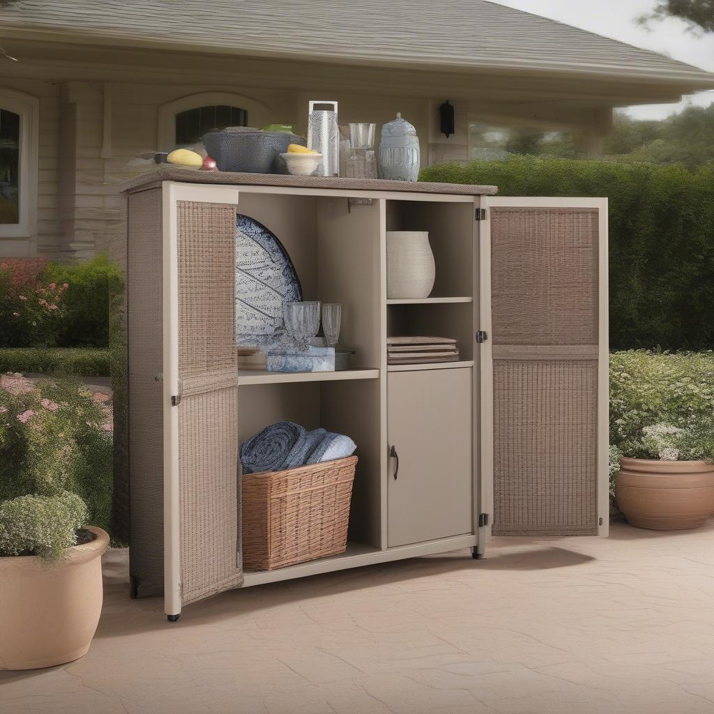 Suncast Wicker Outdoor Cabinet on a Patio