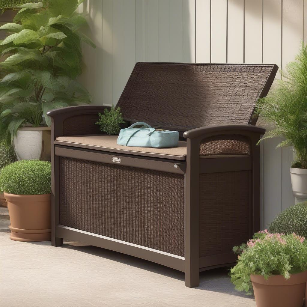 Suncast wicker storage bench on an outdoor patio