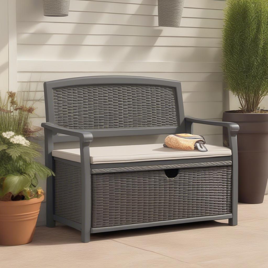 Suncast Wicker Storage Bench on Patio