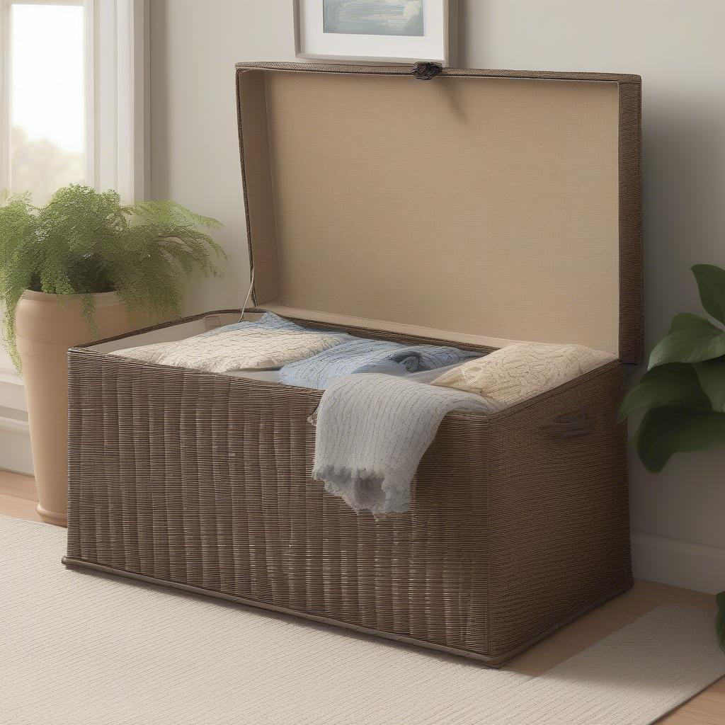 A Suncast wicker storage box used indoors in a living room setting, showcasing its versatility and stylish design.