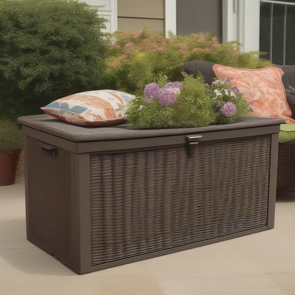 Suncast wicker storage box on an outdoor patio, showcasing its weather-resistant design and ample storage capacity.