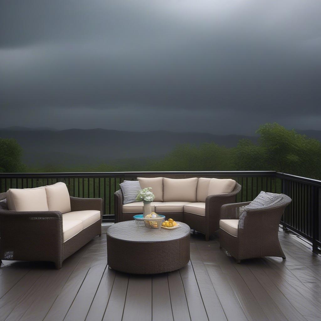 Synthetic wicker patio furniture in rain