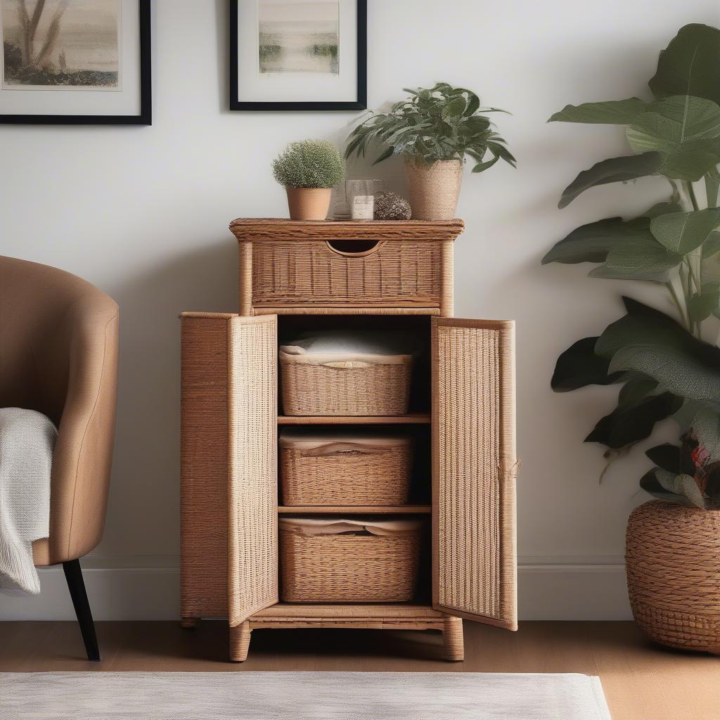 Tall wicker basket cabinet in a living room setting