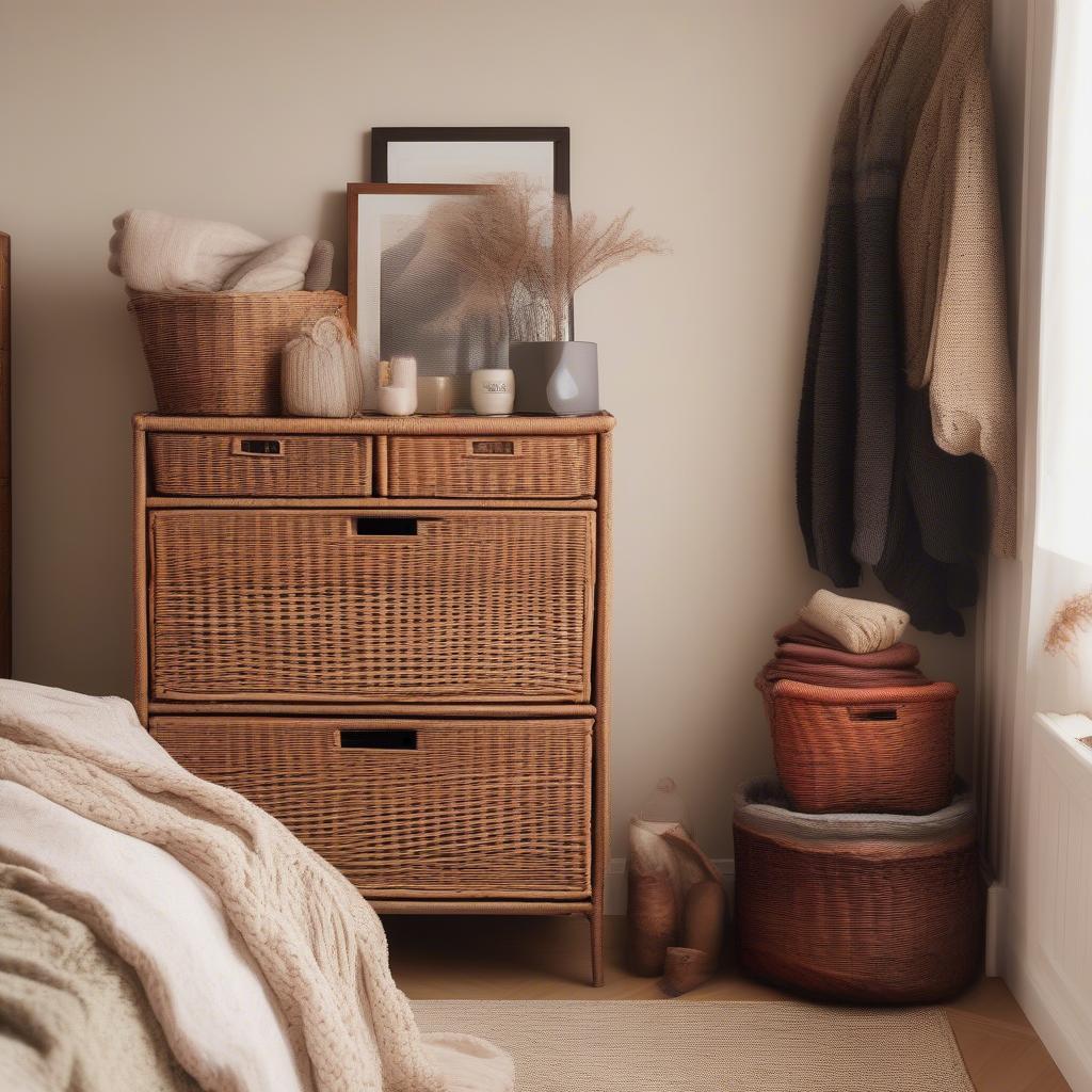 Tall wicker basket storage unit in a bedroom