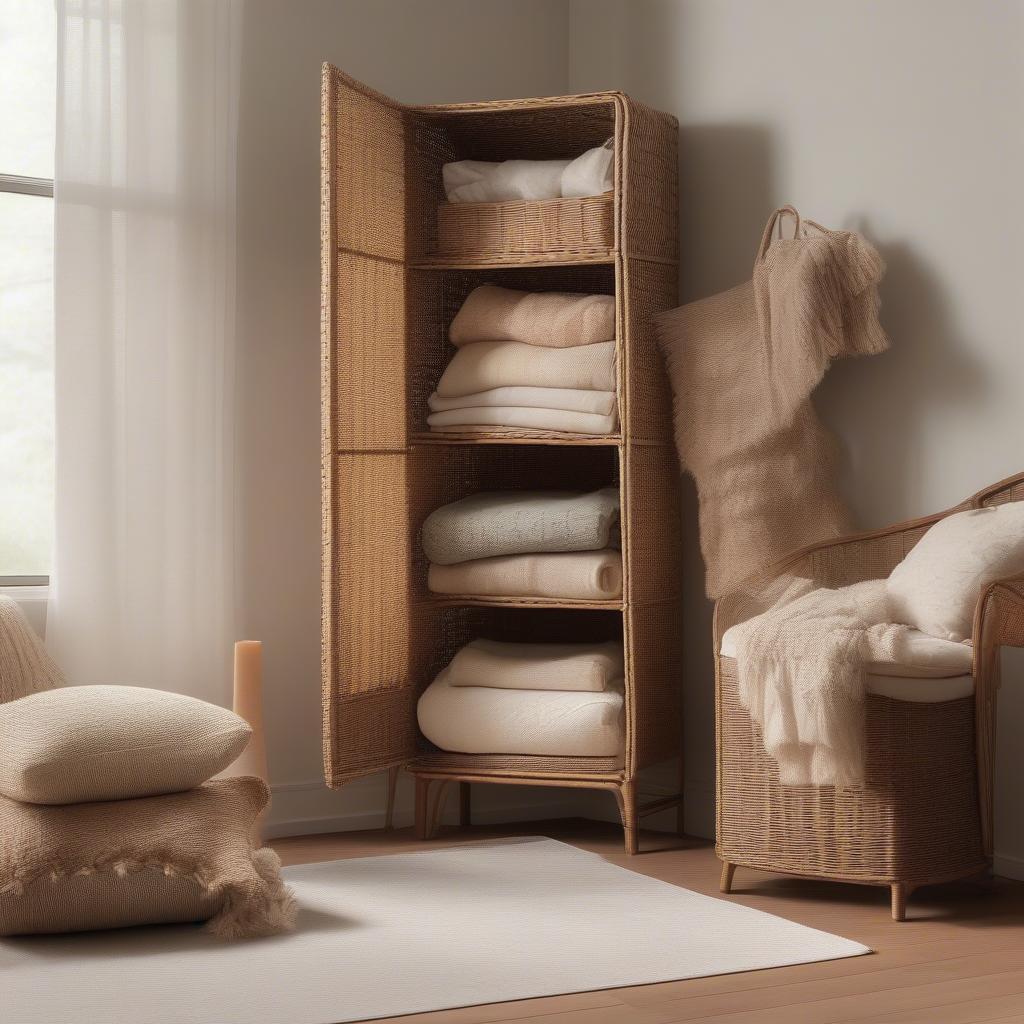 Tall wicker basket storage unit in a living room setting