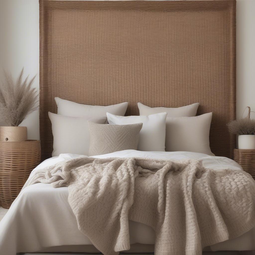 Tall wicker baskets used for storing clothes and linens in a bedroom.