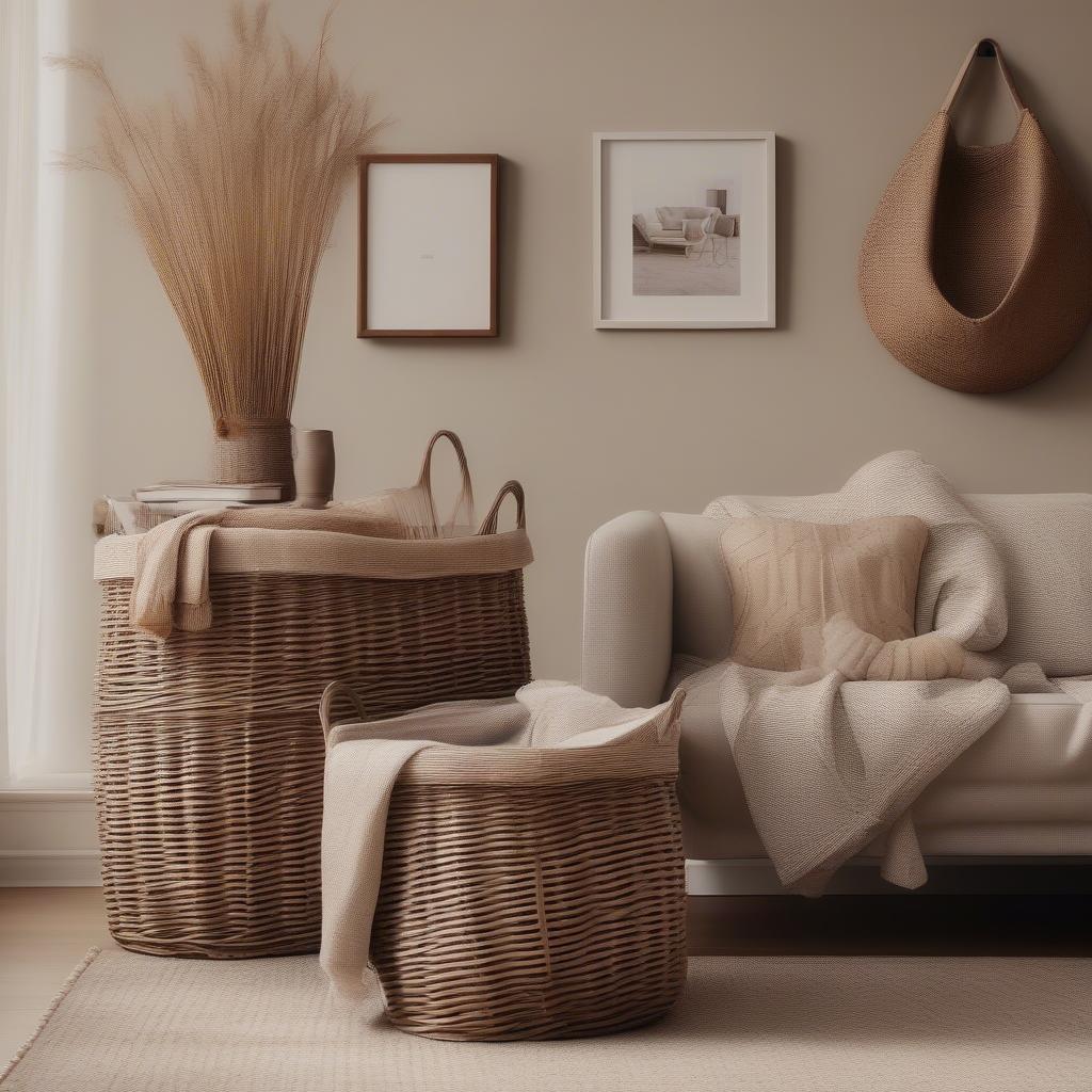 Tall wicker baskets used for blanket storage in a living room setting.