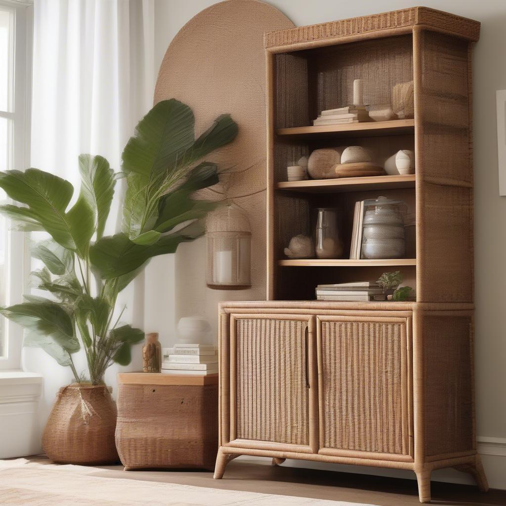 Tall Wicker Cabinet in a Natural Living Room