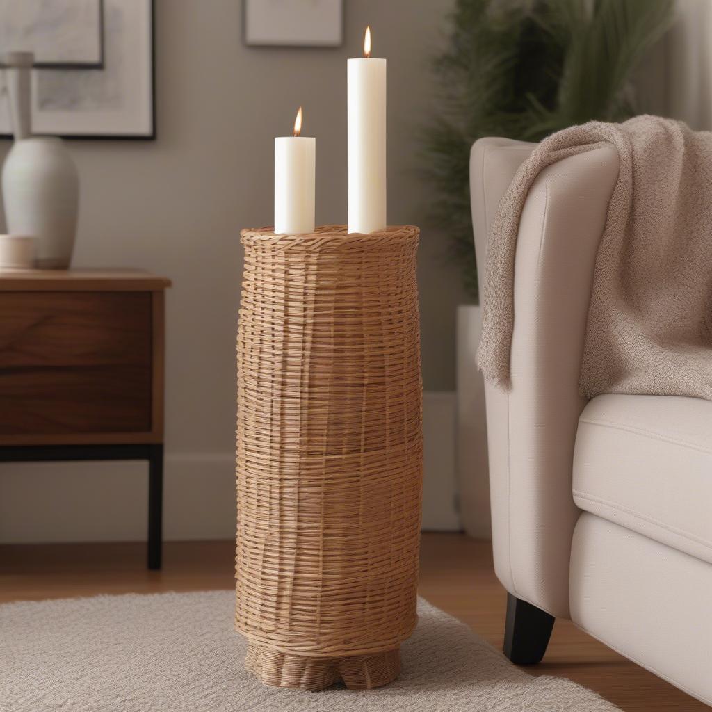 Tall Wicker Candle Holder in a Living Room Setting