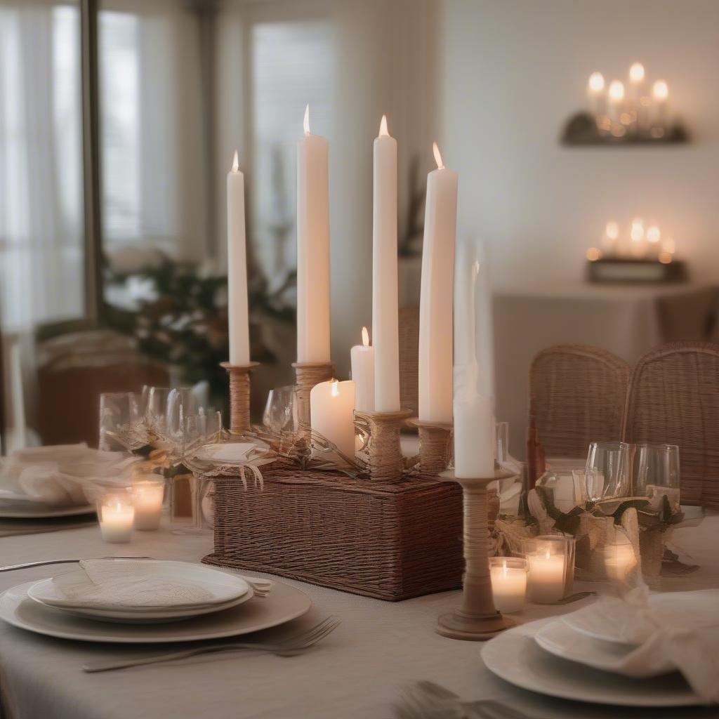 Tall Wicker Candle Holders as Dining Table Centerpiece