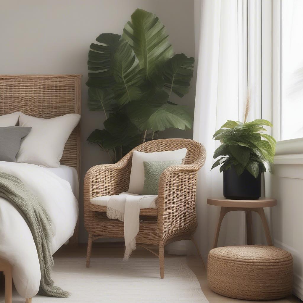 Tall wicker plant holder in a bedroom corner, creating a relaxing atmosphere