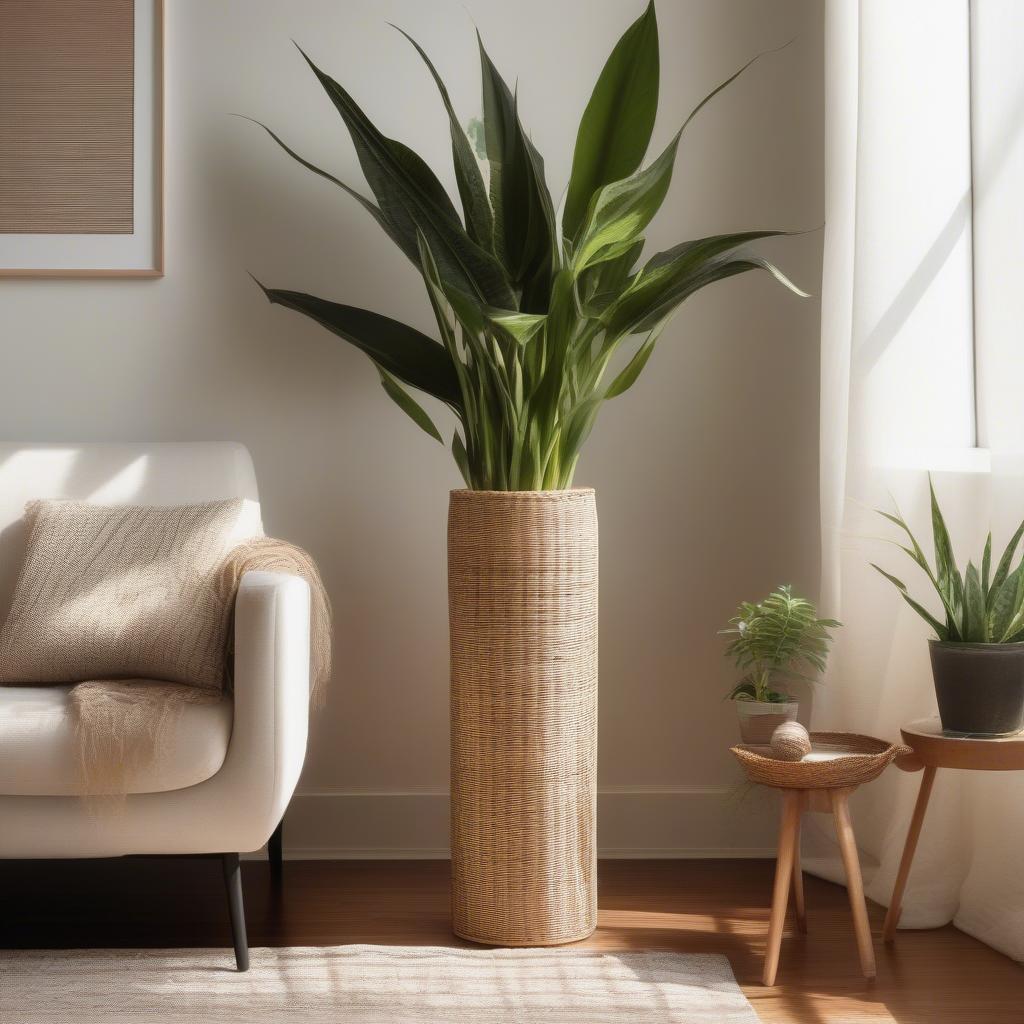 Tall wicker plant holder in a modern living room setting