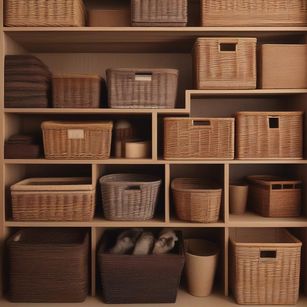 Tall Wicker Storage Baskets Displayed on Shelves